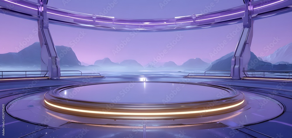 Aufkleber futuristic circular platform with illuminated edge inside a dome structure overlooking a mountainous