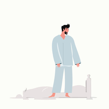 Flat design man just woke up standing beside bed in pajamas illustration
