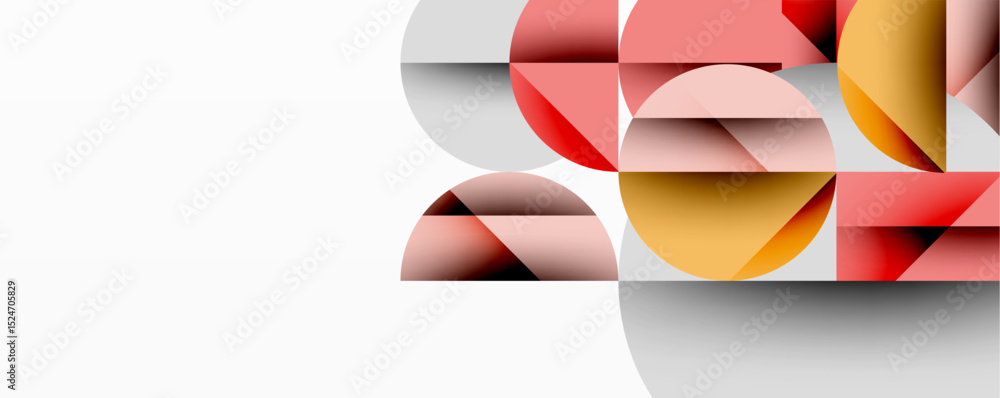 Poster Abstract geometric composition. Overlapping semicircles, rectangles create modern visual effect. Soft colors, minimalist design.