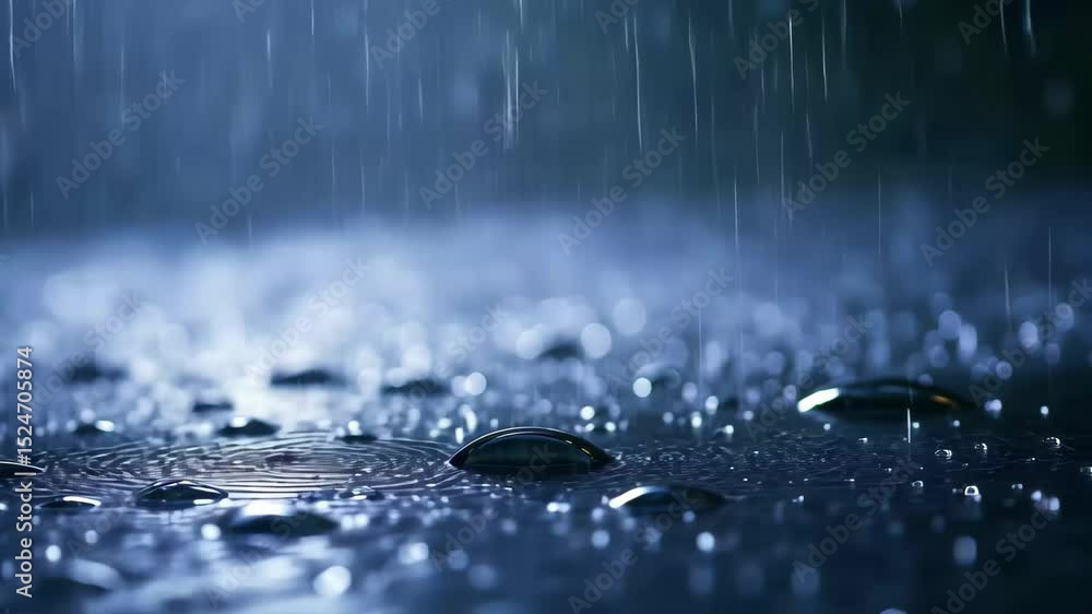 Poster captivating display of computer generated raindrops falling on a dark surface illuminated by soft li