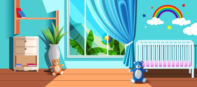 baby room interior.furniture,books,teddy bear and baby cardle,flowerpot,curtains on window,beautiful environment outside the window,empty baby bedroom vector illustration.