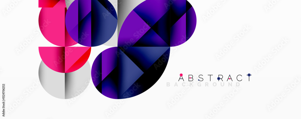 Poster bright geometric shapes overlap, creating dynamic visual effect. modern design utilizes purple, pink