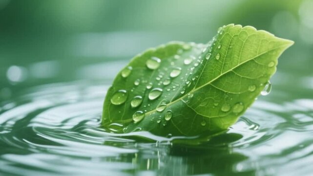 Fresh green leaves with water drops over calm water surface, spa relaxation scene with ripple effect and natural freshness, zen wellness concept  4khd video download
