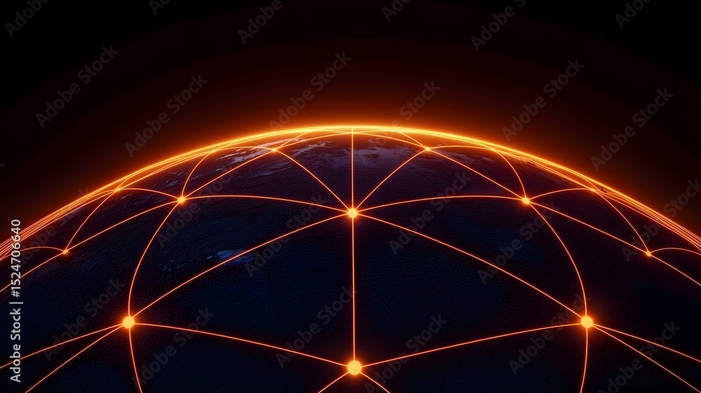 Aufkleber the image shows a dark blue globe with an orange glowing network of lines connecting points across i