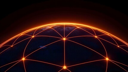 The image shows a dark blue globe with an orange glowing network of lines connecting points across its surface.A glowing orange network of interconnected nodes spans a dark globe, representing global