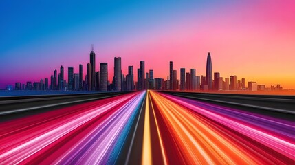 A vibrant cityscape skyline at sunset is seen from a perspective of a highway with colorful light trails streaking towards the viewer, suggesting speed and motion.