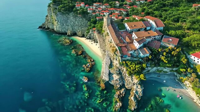 Bajardo aerial view showcasing coastal beauty and historic architecture in Province of Imperia, Aerial view of Bajardo in the Province of Imperia, Liguria, Italy