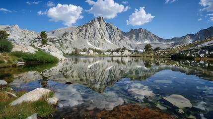 Fototapeta premium Sierra Nevada Mountain Lake Reflection with Blue Sky and Clouds