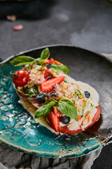 Bruschetta with crab and beetroot salad, vibrant color palette, rustic composition