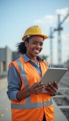 engineer at work Black female engineer wearing a safety helmet and using a tablet at a modern construction site, smiling at the camera, clear sky in the background, documentary style.