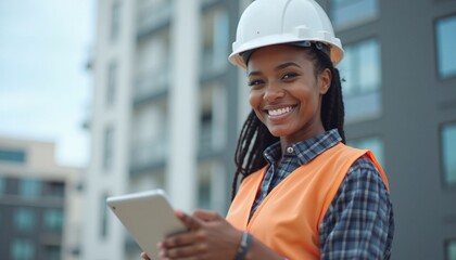 female construction worker Black female engineer wearing a safety helmet and using a tablet at a modern construction site, smiling at the camera, clear sky in the background, documentary style