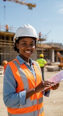 portrait of a construction worker Black female engineer wearing a safety helmet and using a tablet at a modern construction site, smiling at the camera, clear sky in the background, documentary style