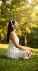 woman in the park Young woman sitting peacefully in a park, meditating with headphones on, soft natural light, calm expression, realistic and warm visual style
