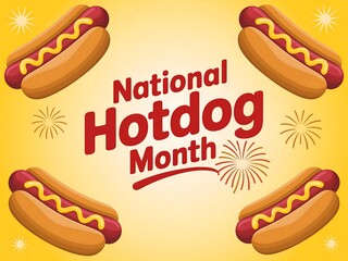 Celebrate National Hotdog Month with Festive Hotdogs and Fireworks on a Yellow Background celebratory graphic