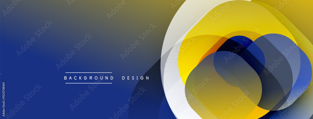 Poster Abstract design features layered circles, gradient blues, yellows. Modern aesthetic, simple text reads background design. Clean, dynamic composition.