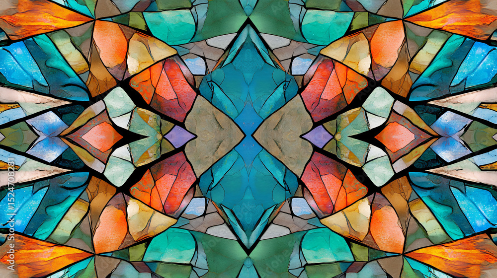 Poster vibrant and colorful pattern featuring a kaleidoscope of shapes and hues in a dynamic design.
