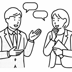 Two business professionals engaged in conversation with speech bubbles