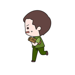 A cartoon boy is running with a log in his hand
