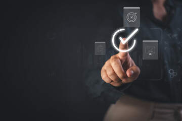 An executive's hand interacts with a futuristic online system, reviewing investment analysis and performance charts to optimize the company's strategy for maximum growth