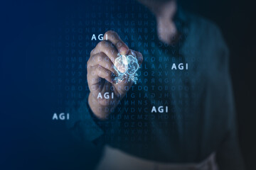 A person's hand touches a complex holographic interface, revealing the neural network of an...