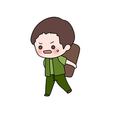 A cartoon boy is walking with a backpack on his back