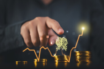 An investor's hand touches a futuristic virtual screen displaying fluctuating gold prices and intricate stock market charts, demonstrating the use of AI for advanced financial analysis