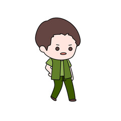 A cartoon boy is walking with his hands in his pockets
