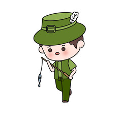 A cartoon boy is holding a fishing pole and a fish