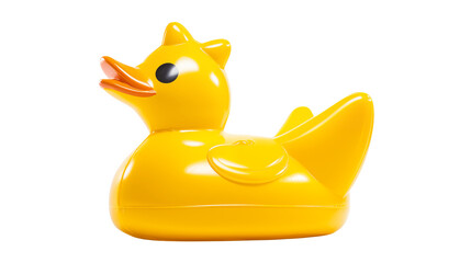 A bright yellow plastic duck toy on a transparent  background view