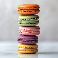 2. Describe a stock photo of a stack of colorful macarons on a clean studio surface. -