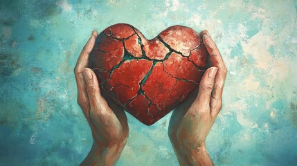 Tender hands cradling a fractured red heart against a pastel blue backdrop, symbolizing emotional fragility and care.