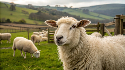 Obraz premium Close-up of a sheep on a farm. Shepherd. Pasture grass. Sheep wool. The Chinese zodiac. Countryside.