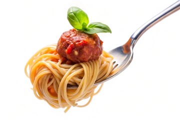 A forkful of spaghetti with meatballs on top
