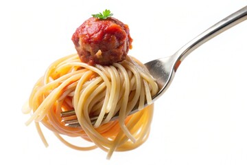 A forkful of spaghetti with meatballs on top