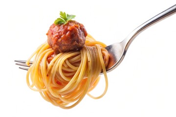 A forkful of spaghetti with meatballs on top