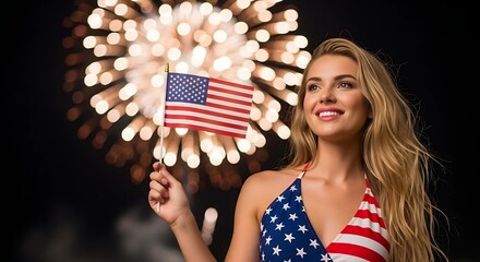 Smiling Woman Holding American Flag During Nighttime Fireworks Celebration in Patriotic Dress &ndash; Fourth of July Independence Day Festive Portrait with Vibrant Colors and Joyful Emotion