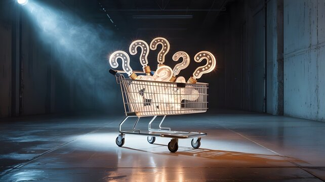Shopping cart filled with glowing question mark light bulbs in dramatic warehouse setting symbolizing consumer confusion and buying decisions