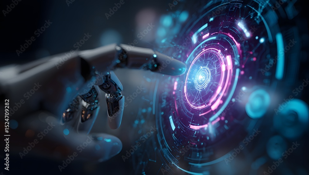 Poster hand interacting with a futuristic holographic interface, displaying advanced technology and digital