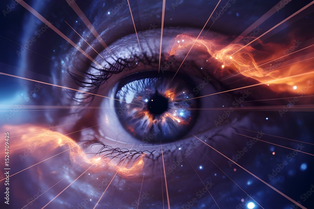 Aufkleber cosmic human eye with futuristic digital rays and universe elements representing vision technology, 