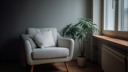 Interior view of armchair with pillow and plant near window in a room with gray wall paint