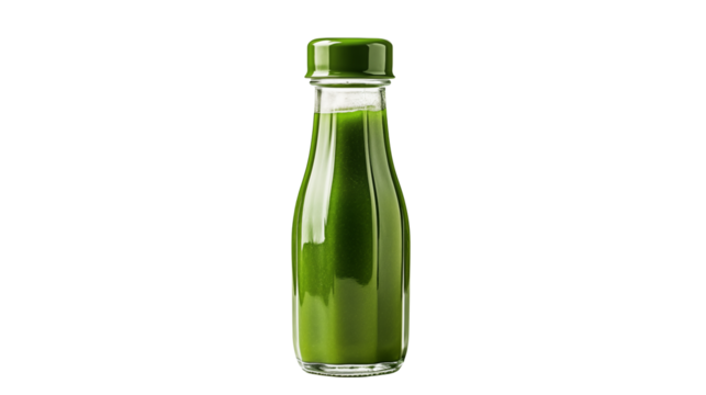 Glass bottle filled with green liquid on a transparent background