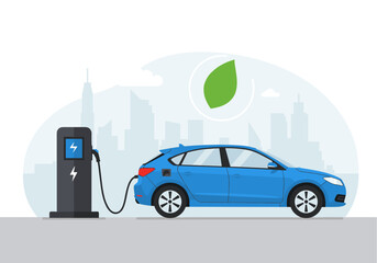 Flat vector of an electric vehicle charging at a station with a green leaf icon above