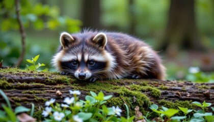 Raccoon resting on a log forest environment wildlife photography natural setting close-up view animal behavior