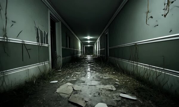 Abandoned corridor in dark creepy building