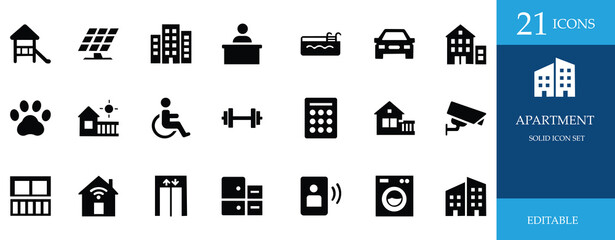 Apartment icon set. Perfect for real estate, architecture, housing, and construction projects. Includes smart home, amenities, security, pool, and skyline