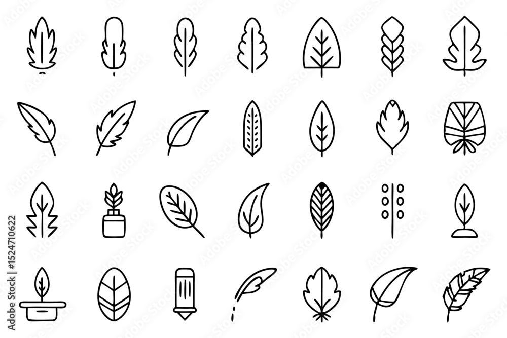 Poster Collection of line icons depicting feathers soft fillers and birds isolated on transparent background