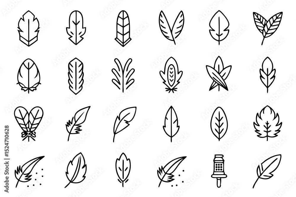 Poster collection of line icons depicting feathers soft fillers and birds isolated on transparent backgroun
