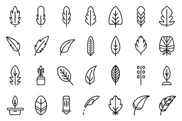 Collection of line icons depicting feathers soft fillers and birds isolated on transparent background