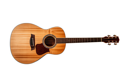 Acoustic guitar lying horizontally on a transparent background