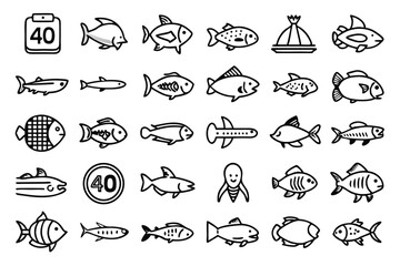 Collection of line icons depicting various fish species isolated on transparent background